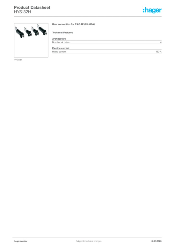 Image Hager Product data sheet HYS132H  | Hager Australia