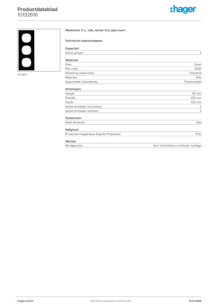 Afbeelding Hager Productdatablad 10132616 | Hager Nederland