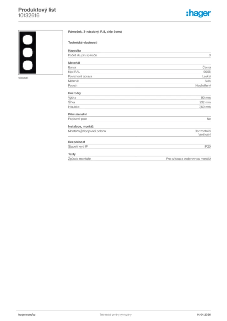 Obrázek Hager Product data sheet 10132616 | Hager