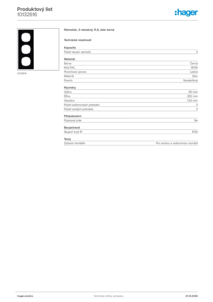 Obrázek Hager Produktový list 10132616 | Hager