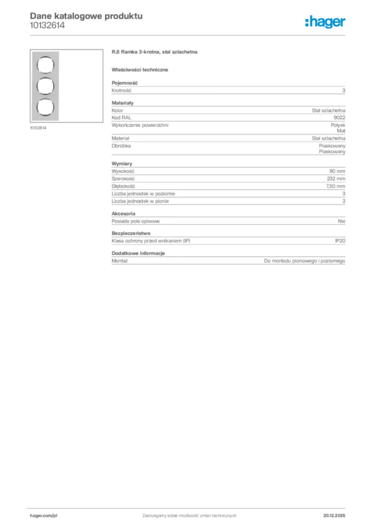 Zdjęcie Hager Dane katalogowe produktu 10132614 | Hager Polska