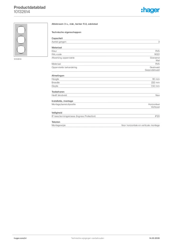 Afbeelding Hager Productdatablad 10132614 | Hager Nederland