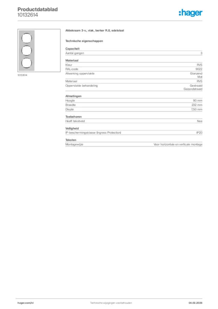 Afbeelding Hager Productdatablad 10132614 | Hager Nederland
