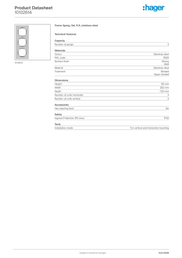 Image Hager Product data sheet 10132614  | Hager