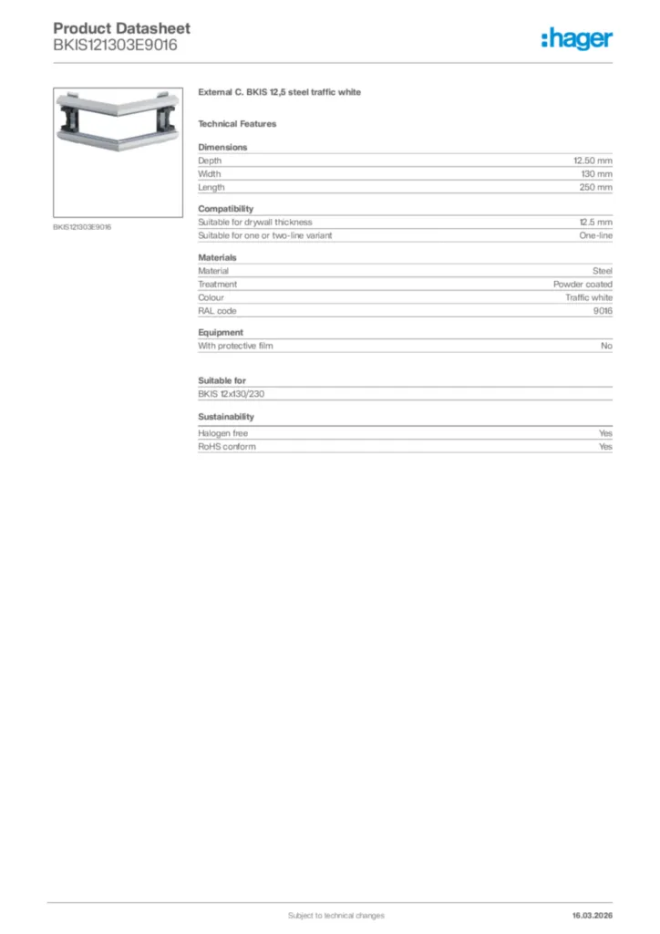 Image Hager Product data sheet BKIS121303E9016  | Hager Africa