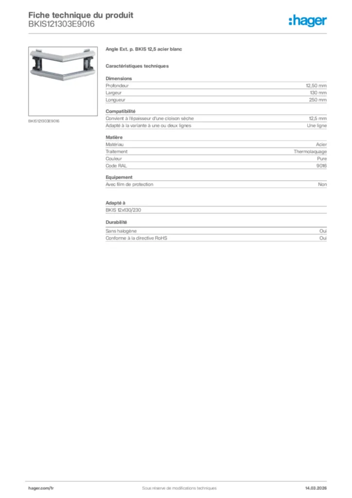 Image Hager Fiche technique du produit BKIS121303E9016 | Hager France