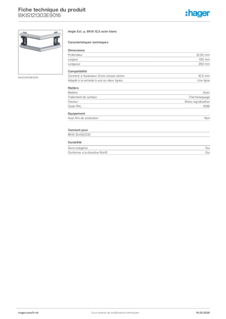 Image Hager Fiche technique du produit BKIS121303E9016 | Hager Suisse