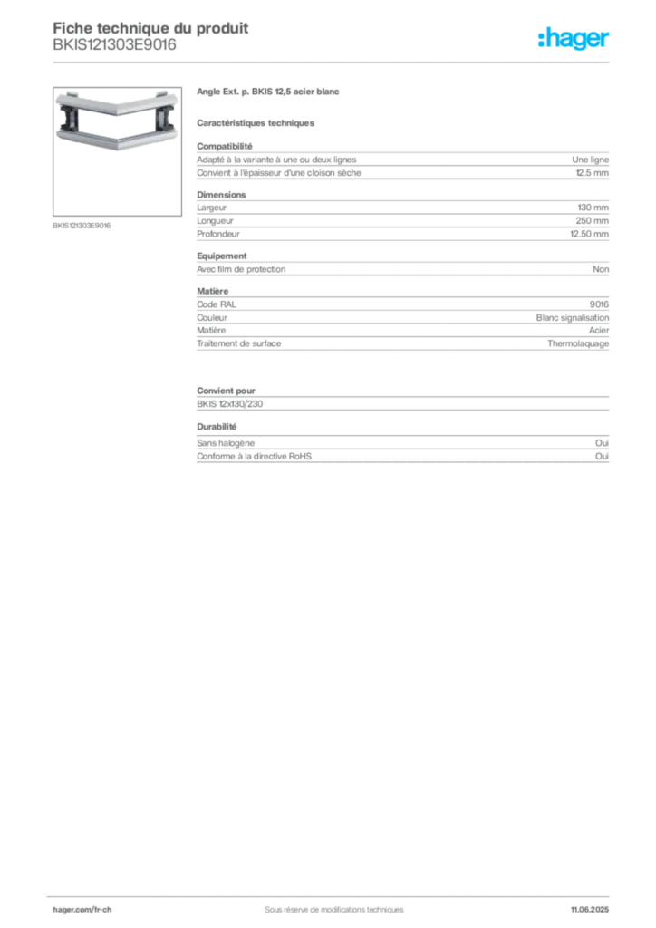 Image Hager Fiche technique du produit BKIS121303E9016 | Hager Suisse