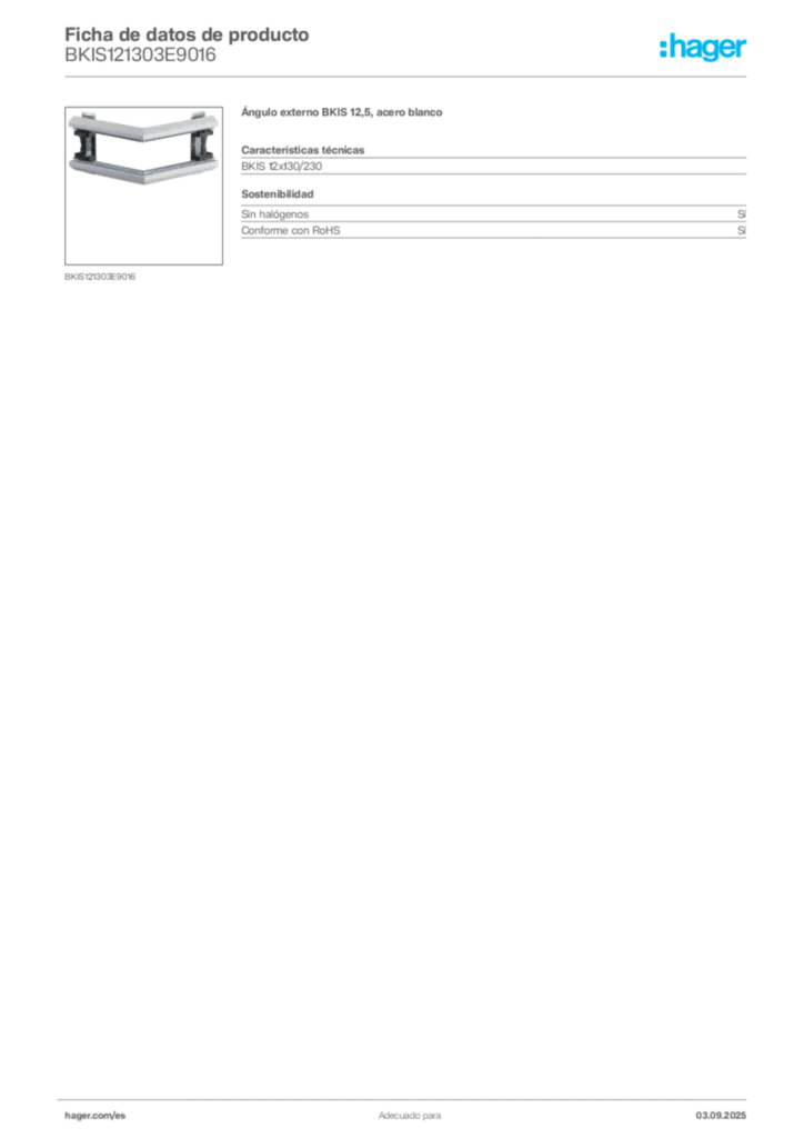 Imagen Hager Ficha de datos de producto BKIS121303E9016 | Hager España