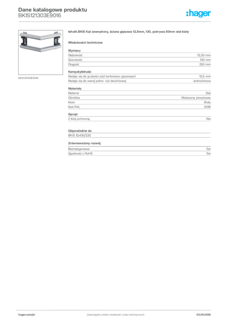 Zdjęcie Hager Dane katalogowe produktu BKIS121303E9016 | Hager Polska