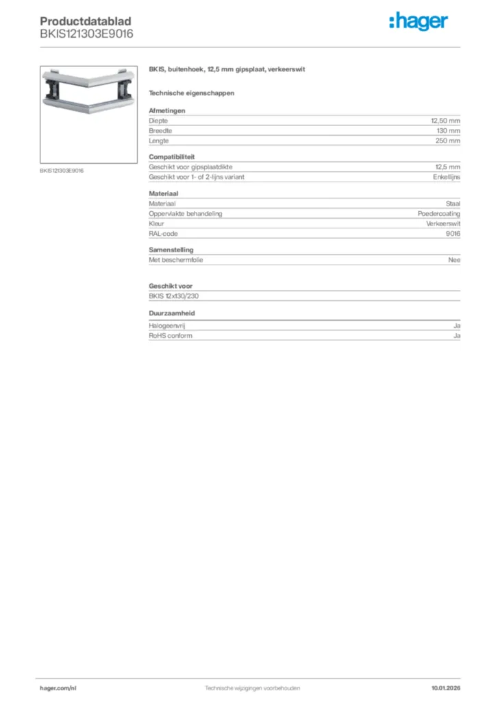 Afbeelding Hager Productdatablad BKIS121303E9016 | Hager Nederland