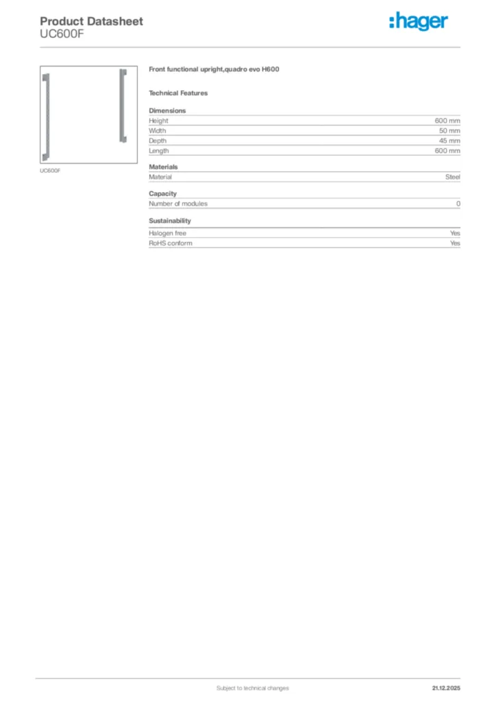 Image Hager Product data sheet UC600F  | Hager Africa