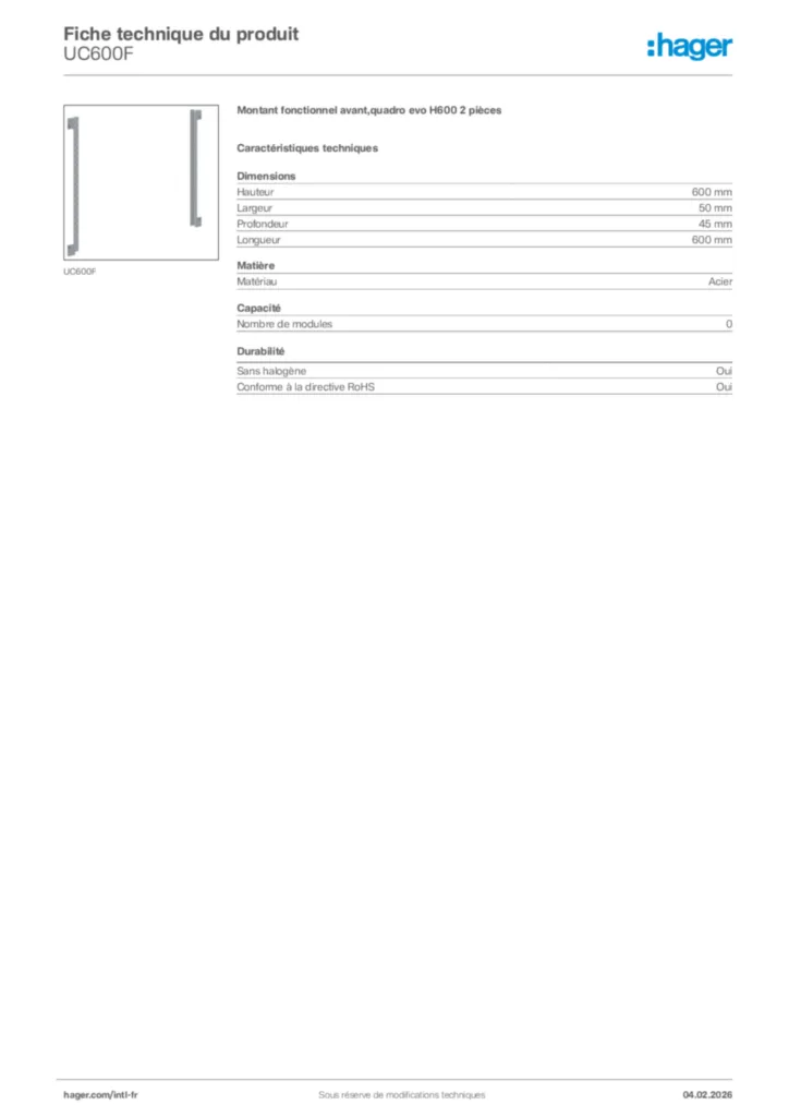 Image Hager Fiche technique du produit UC600F | Hager Afrique