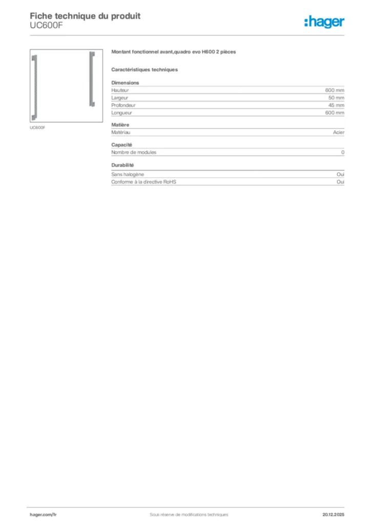 Image Hager Fiche technique du produit UC600F | Hager France