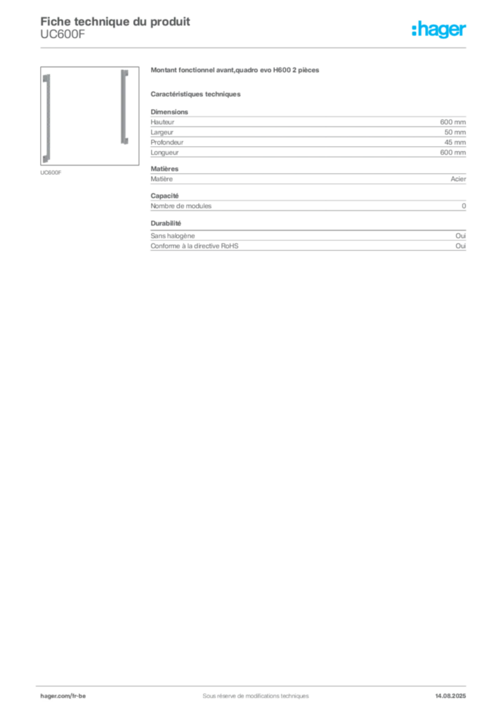 Image Hager Fiche technique du produit UC600F | Hager Belgique
