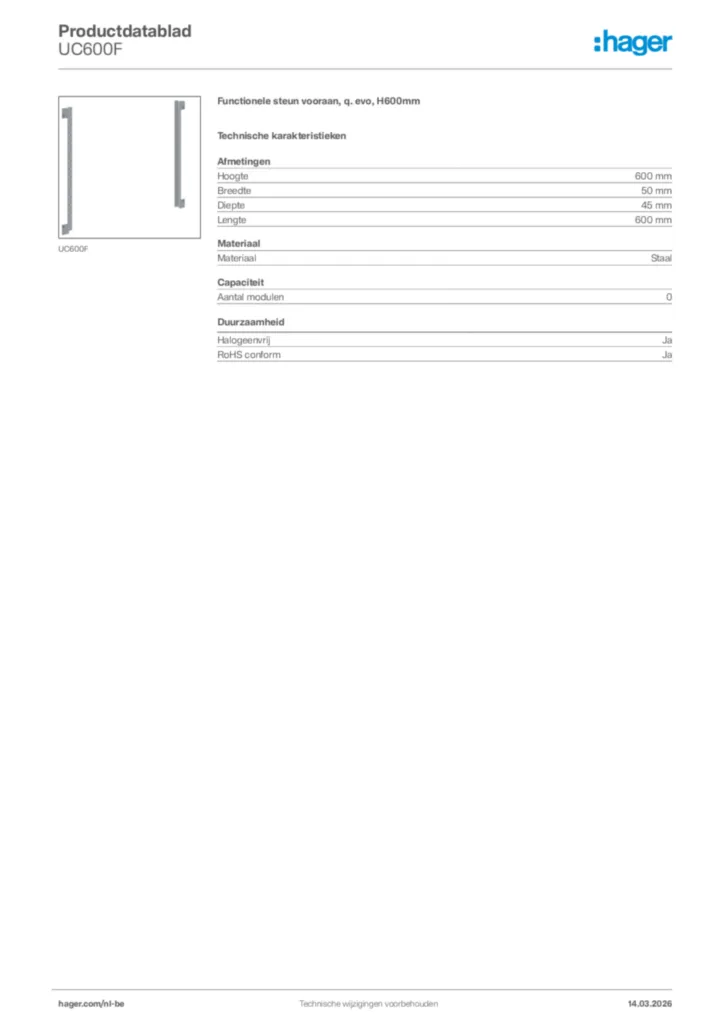 Afbeelding Hager Productdatablad UC600F | Hager Belgium