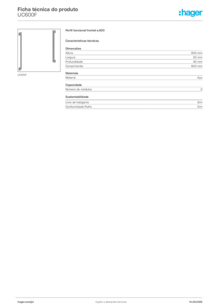 Imagem Hager Ficha técnica do produto UC600F | Hager Portugal
