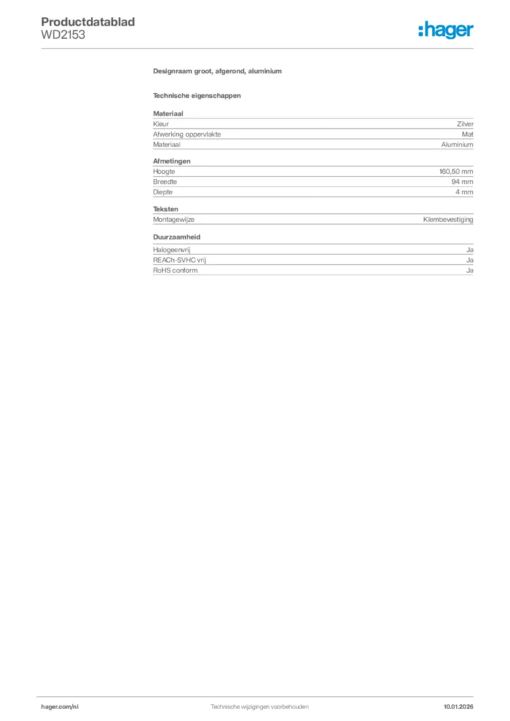 Afbeelding Hager Productdatablad WD2153 | Hager Nederland