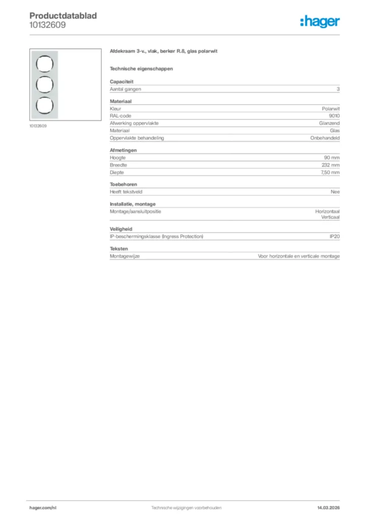 Afbeelding Hager Productdatablad 10132609 | Hager Nederland