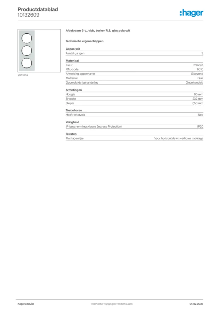 Afbeelding Hager Productdatablad 10132609 | Hager Nederland