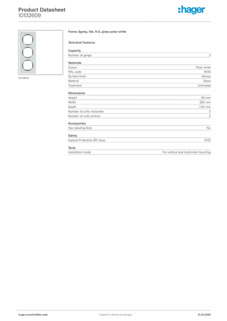Image Hager Product data sheet 10132609  | Hager
