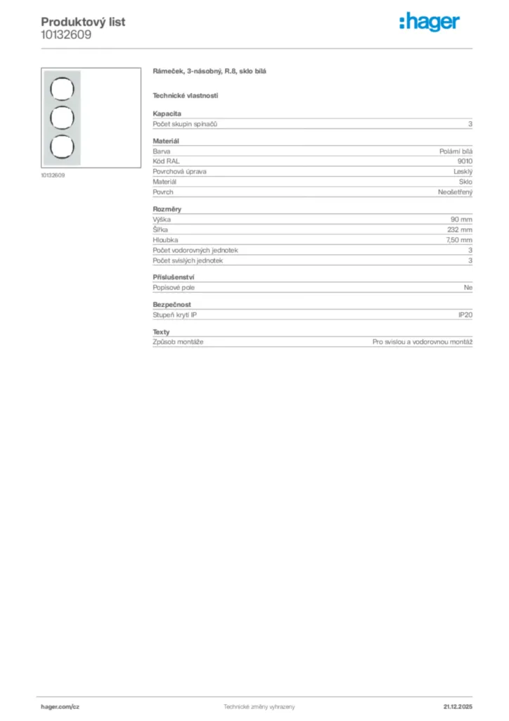 Obrázek Hager Produktový list 10132609 | Hager