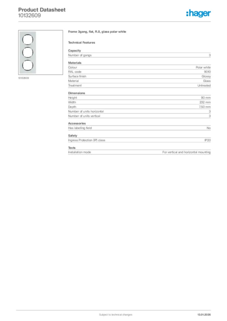 Image Hager Product data sheet 10132609  | Hager