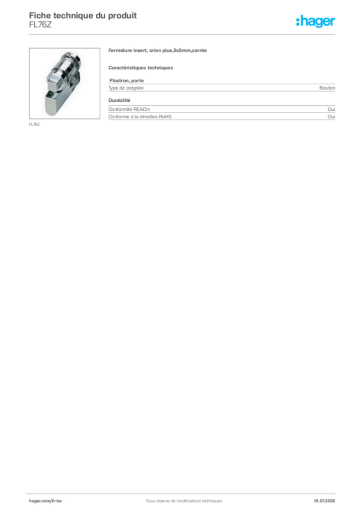 Image Hager Fiche technique du produit FL76Z | Hager Belgique