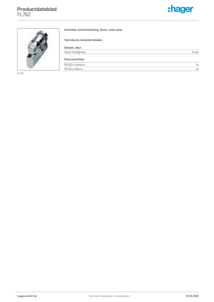 Afbeelding Hager Productdatablad FL76Z | Hager Belgium