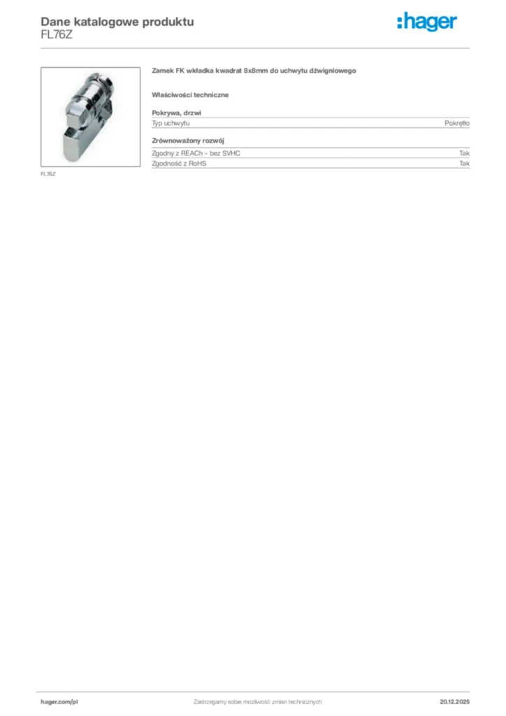 Zdjęcie Hager Dane katalogowe produktu FL76Z | Hager Polska