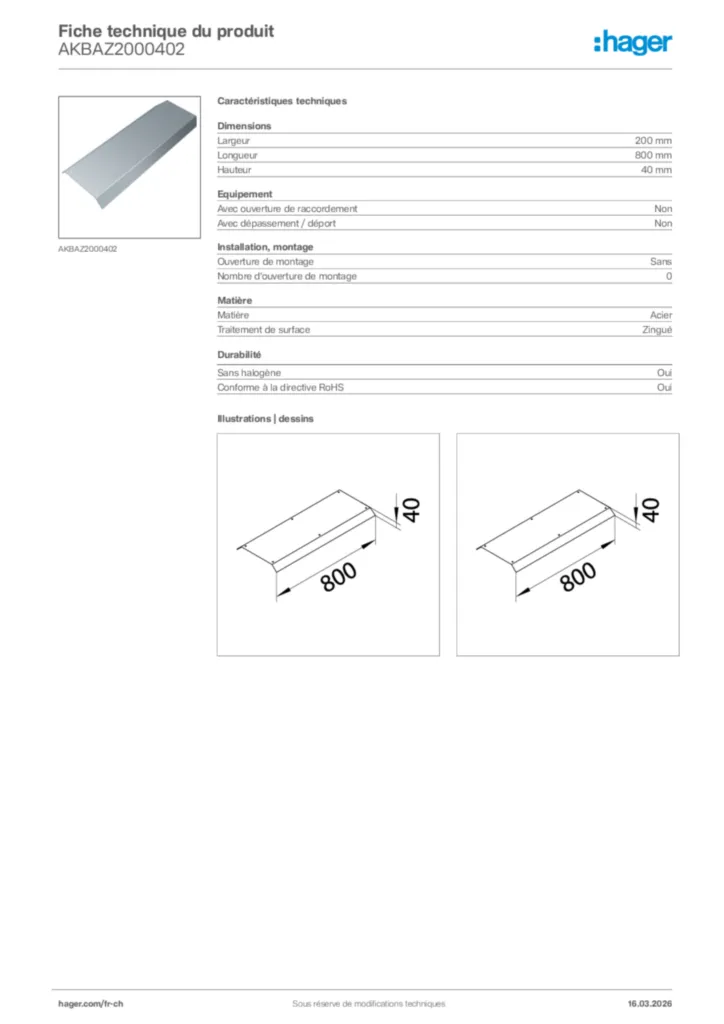 Image Hager Fiche technique du produit AKBAZ2000402 | Hager Suisse