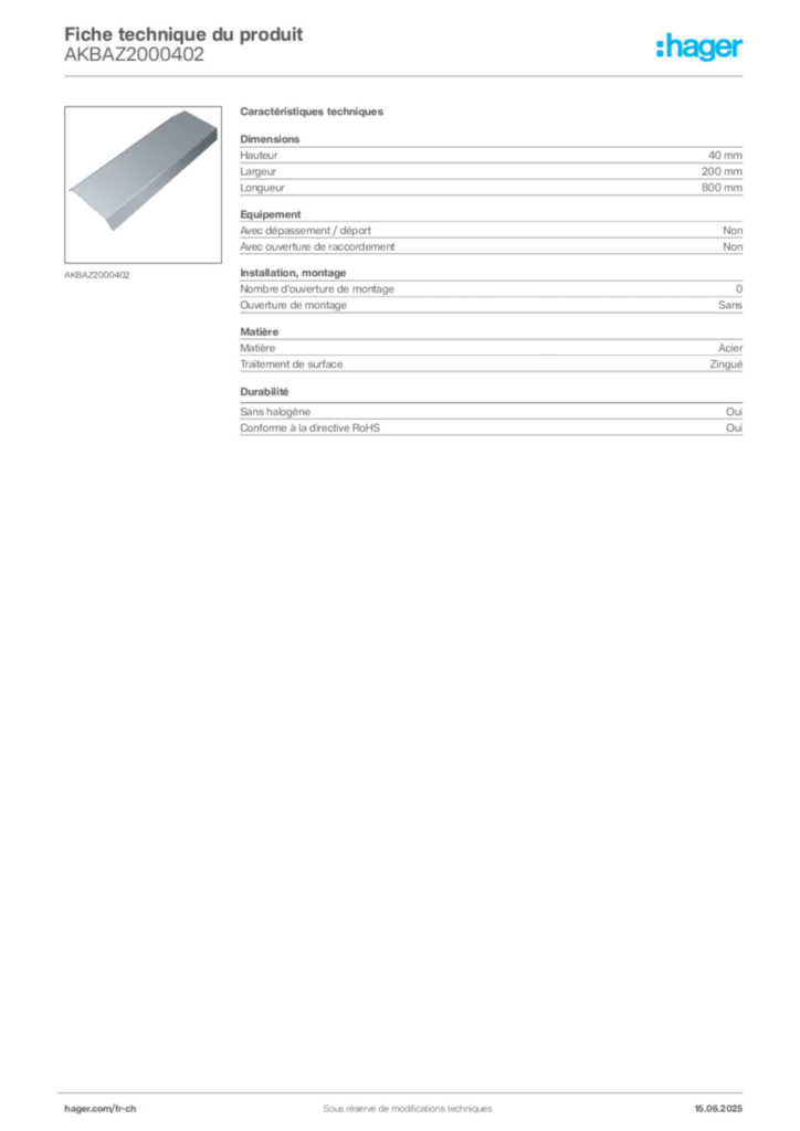 Image Hager Fiche technique du produit AKBAZ2000402 | Hager Suisse