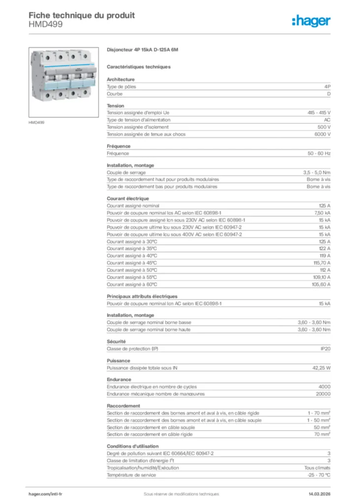 Image Hager Fiche technique du produit HMD499 | Hager Afrique