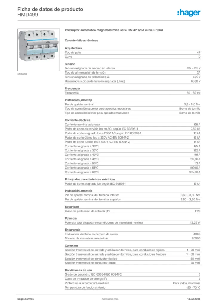 Imagen Hager Ficha de datos de producto HMD499 | Hager España