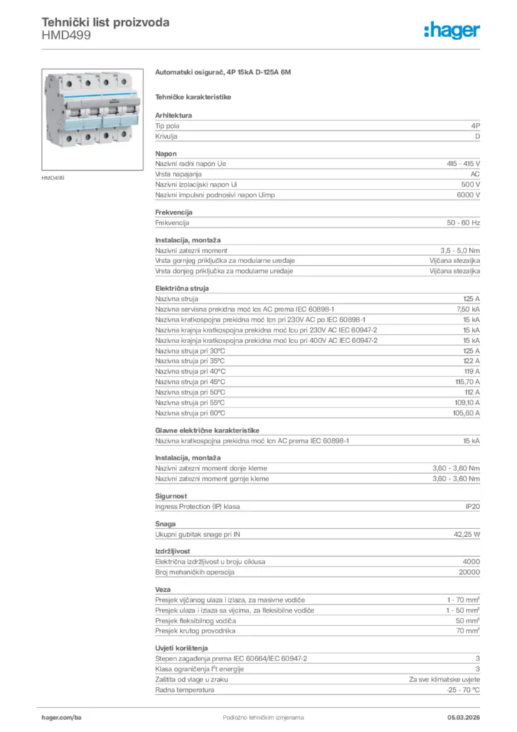 Slika Hager Tehnički list proizvoda HMD499  | Hager