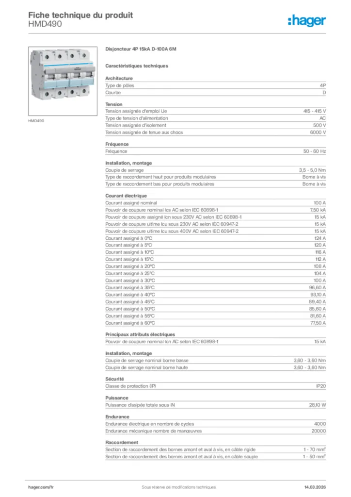 Image Hager Fiche technique du produit HMD490 | Hager France