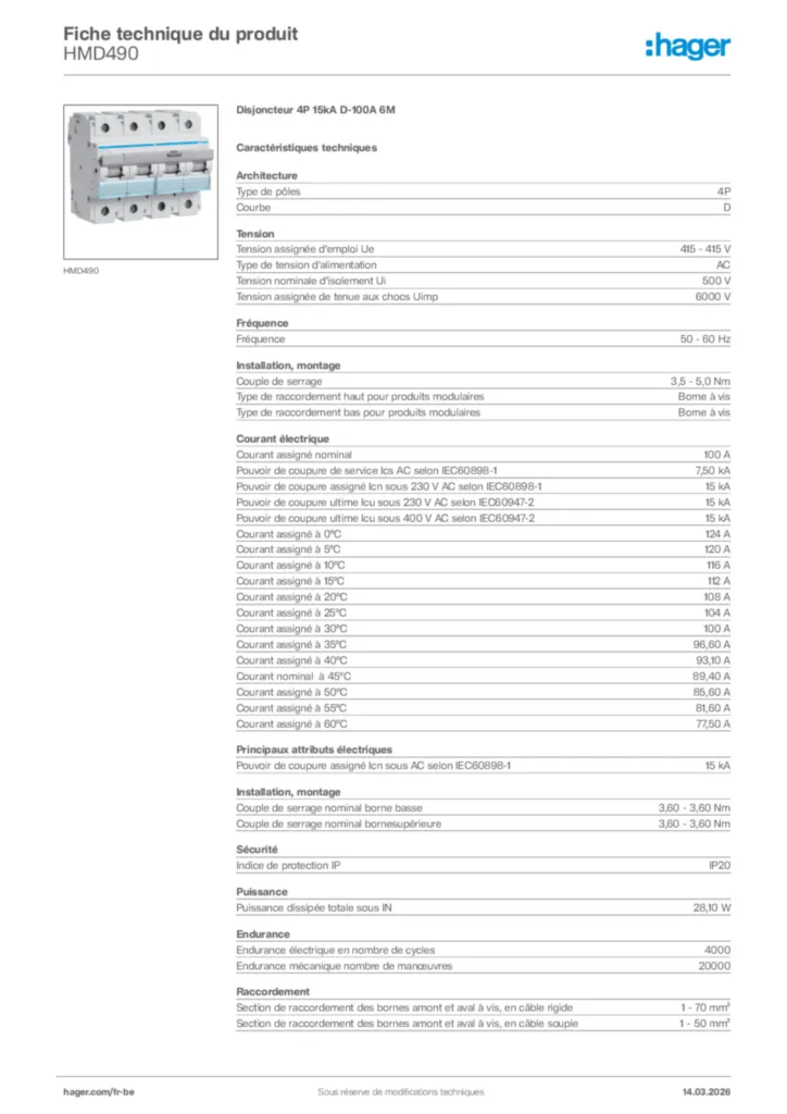 Image Hager Fiche technique du produit HMD490 | Hager Belgique