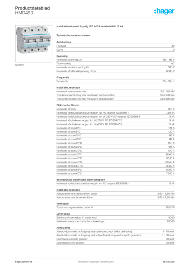 Afbeelding Hager Productdatablad HMD490 | Hager Belgium