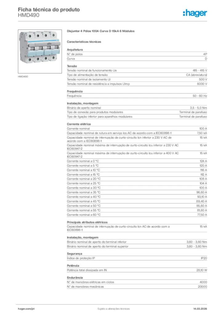 Imagem Hager Ficha técnica do produto HMD490 | Hager Portugal