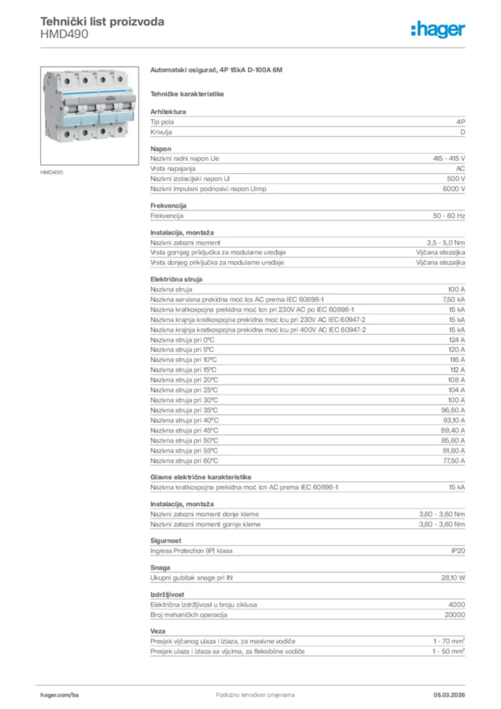 Slika Hager Tehnički list proizvoda HMD490  | Hager