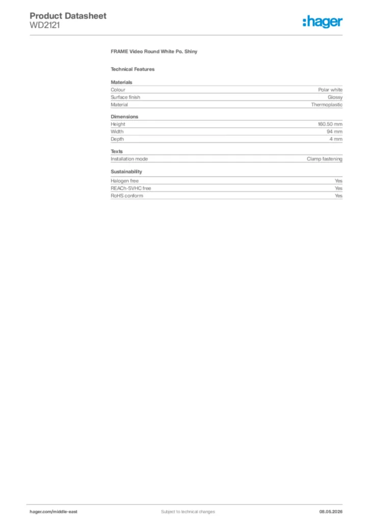 Image Hager Product data sheet WD2121  | Hager