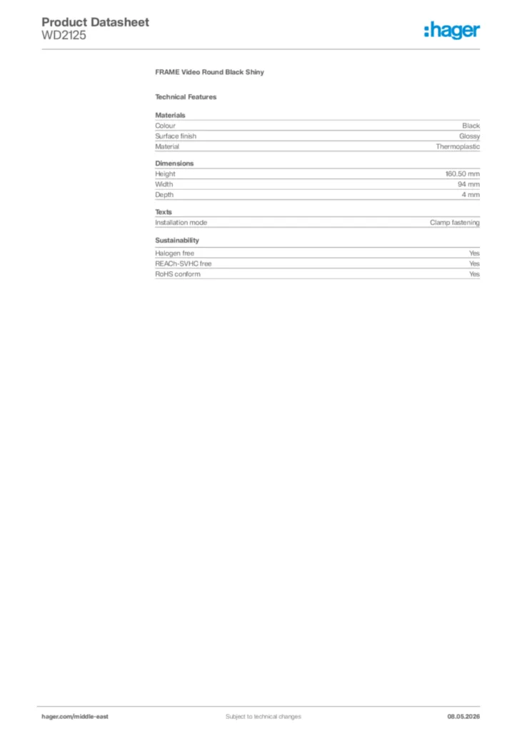 Image Hager Product data sheet WD2125  | Hager