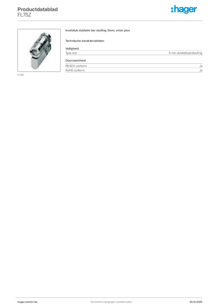 Afbeelding Hager Productdatablad FL75Z | Hager Belgium