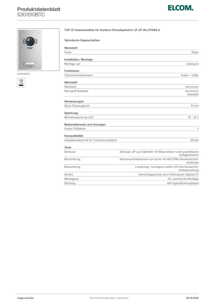Bild Elcom Produktdatenblatt 5301510BTC | Hager Deutschland