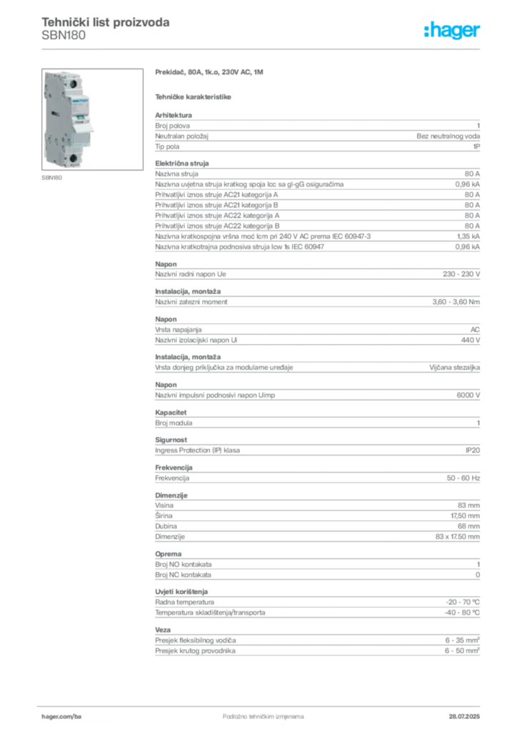Slika Hager Product data sheet SBN180  | Hager