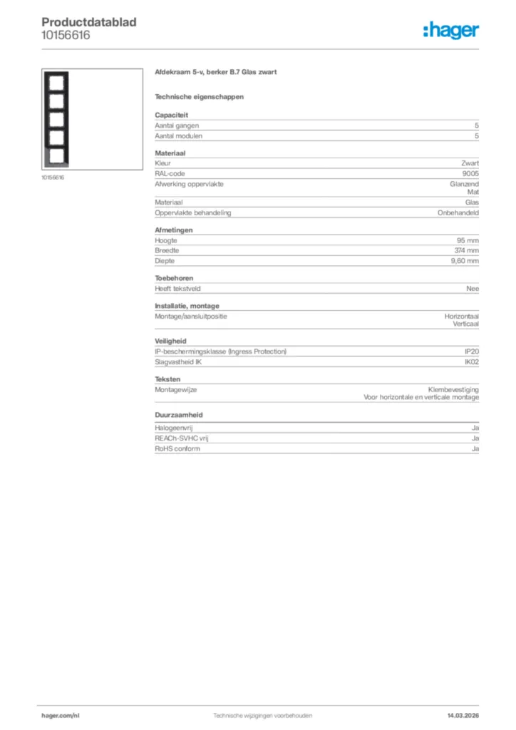 Afbeelding Hager Productdatablad 10156616 | Hager Nederland