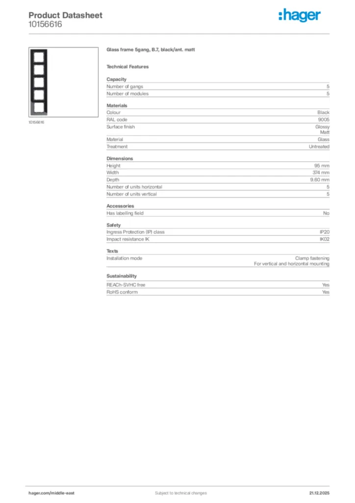 Image Hager Product data sheet 10156616  | Hager
