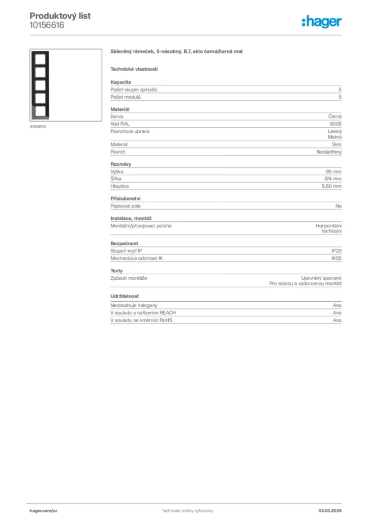 Obrázek Hager Product data sheet 10156616 | Hager