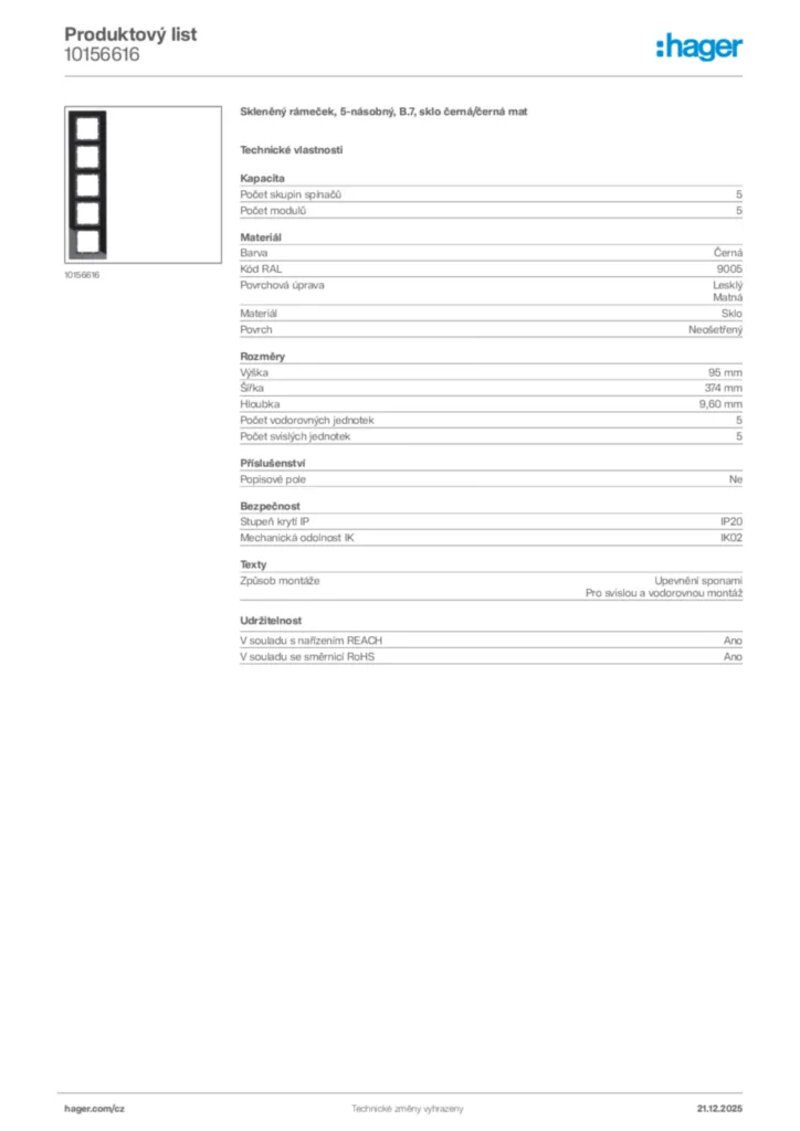 Obrázek Hager Produktový list 10156616 | Hager