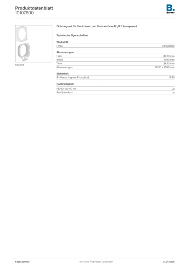 Bild Berker Produktdatenblatt 10107600 | Hager Deutschland